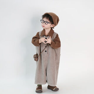 维诺亚儿童灯芯绒背带裤2024年秋季新款韩版宽松九分裤男女童衬衫背带裤 灯芯绒裤子+衬衫两件套 90