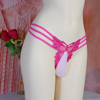 Sexy men's set, sexy underwear, lace thong, transparent embroidery, sexy love silk, temptation, transvestite low, rose red (80-135jin jin equals 0.5kg) egg-packed