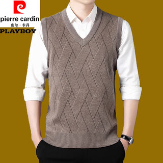 皮尔卡丹（pierre cardin）羊毛背心男冬季新款v领中年爸爸装加厚保暖休闲针织马甲坎肩毛衣 卡其色 B2323 XL 175【130斤-145斤】