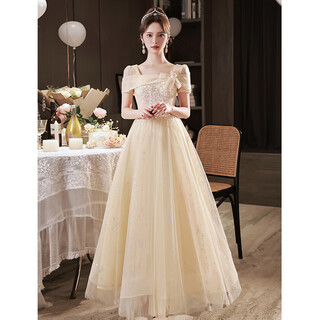 Li baixin champagne color art exam evening dress new small birthday party temperament light luxury niche high-end host skirt champagne color long l recommended 100-110jin jin equals 0.5 kg