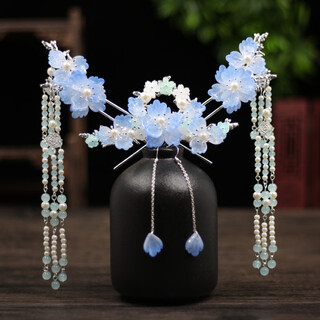 Ancient blue hanfu headdress complete set of silver hairpin hair crown female super fairy hairpin tassel step ancient style hair accessories set (ear hook style)