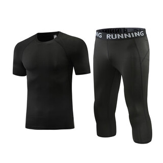 Children's sports and fitness trousers, boys' leggings, football basketball tights, training clothes, workout running clothes, all black short sleeves + cropped pants 28