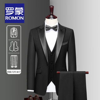Romon high-end customized suit men's three-piece korean version slim-fitting small suit men's tuxedo dress groom's wedding black lapel = suit + vest + pants + shirt xl size (135 jin jin is equal to 0.5 kg)