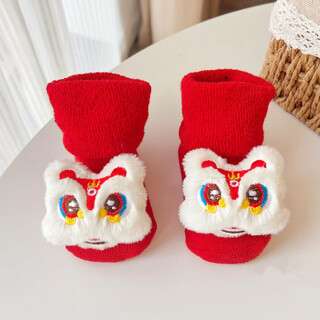 Miduer baby floor socks red newborn full moon baby toddler shoes and socks mid-calf socks autumn and winter terry thickened tiger head socks new year's lion awakening (happy terry socks) 1 pair 0-6 months (s size recommended for babies 0-1 years old)
