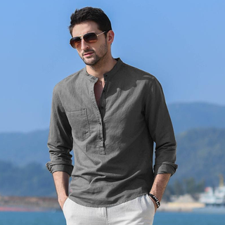 Kazuki kuraishi kazuki high-end cotton and linen henry collar shirt men's trendy brand 2025 summer new stand-up collar long-sleeved t-shirt spring and autumn gray l