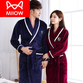 Miiow couple's pajamas, two-piece coral velvet plus velvet nightgown, autumn and winter mid-length men's and women's thickened flannel large size bathrobe, upper green trim for men + wine red trim for women, one size fits all, female m + male 3xl