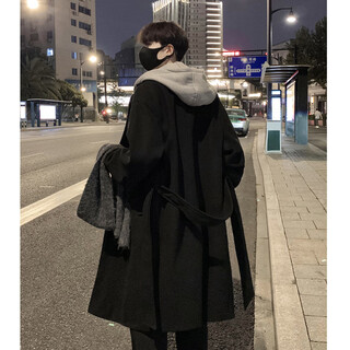 Shelley jones fake two-piece woolen coat men's mid-length autumn and winter new style detachable hooded loose quilted windbreaker jacket black l recommended 115-140jin jin equals 0.5 kg