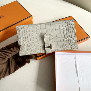 Second-hand 95 new hermes (hermes) bearn matte crocodile leather long wallet wallet 8l glacier silver buckle r engraved