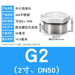 304 stainless steel plug external hexagonal plug sealing m20g1/2npt3/4 metal waterproof and explosion-proof sealing plug g2 (2 inch dn50)