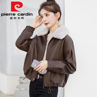 Pierre cardin leather jacket for women autumn and winter 2025 new style plus velvet, thickened, loose, slim, casual, fashionable, versatile, warm, with fur collar, brown, non-split leather, this year's popular light luxury m recommendation 100-110jin jin is equal to 0.5 kg