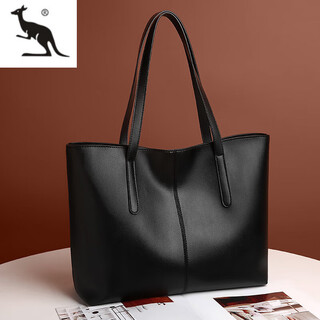 Kuqi kangaroo 2025 new tote bag large capacity spliced soft leather women's bag simple casual shoulder bag commuting versatile handbag black with compartments