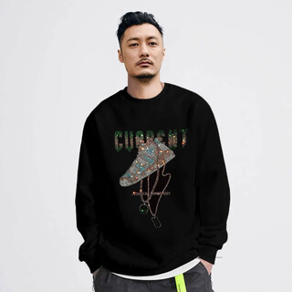Kuraishi kazuki trendy brand light luxury hot diamond round neck sweatshirt men's 2025 new autumn and winter plus velvet couple loose top black 2xl