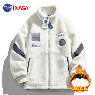 Nasa giss official trendy brand lamb velvet jacket men's winter thickened cotton coat winter cotton student cotton jacket white xl