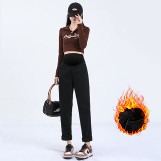 Yibaiyi (yibaiyi) maternity jeans autumn and winter new style belly support pants outer wear straight pants plus velvet dad pants for pregnant women plus velvet style black m