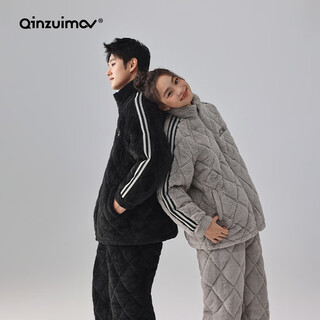 Kiss cat winter couple warm velvet quilted pajamas women's three-layer thickened men's suit home clothing fashion outerwear 8046 jet black men's xl