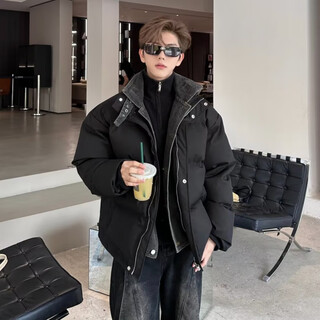 Zhiwei winter thickened denim stitching cotton coat jacket handsome stand collar fake two-piece cotton coat men's loose trendy brand warm clothes black m recommended 90-110jin jin equals 0.5 kg