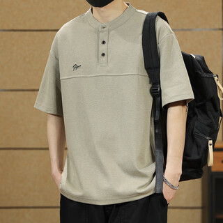 Ten cranes american retro polo shirt men's short sleeve loose casual half sleeve men's summer large size men's henley collar t-shirt light brown 2xl (160-180jin jin equals 0.5kg)