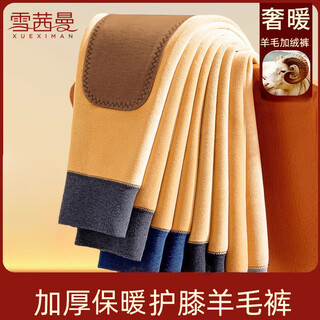 Xue qianman wool warm pants men's slim stretch plus fleece wool knee pants inner threading pants spring and autumn bottoming warm pants