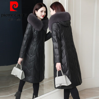 Pierre cardin genuine leather down jacket for women mid-length over the knee 2025 winter new style fox fur collar hooded sheepskin fur coat black 2xl 125-135jin jin is equal to 0.5 kg