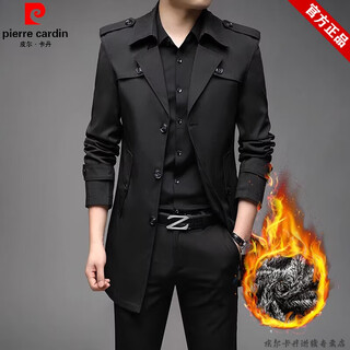 Pierre cardin brand velvet thickened mid-length large size windbreaker men's casual business coat autumn and winter fitted jacket men 808 black velvet winter style xl (recommended 130-150 jin jin equals 0.5 kg to wear)