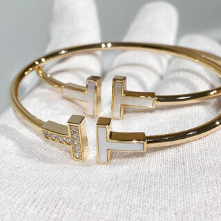 Luruo double t open bracelet women's high version 925 silver plated 18k rose gold full diamond white mother-of-pearl bracelet light luxurious and does not fade white mother-of-pearl + diamond rose color opening adjustable