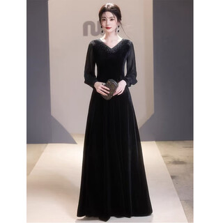Maxbeth black conductor evening dress velvet high-end art exam choir performance female long skirt host banquet dress black xl