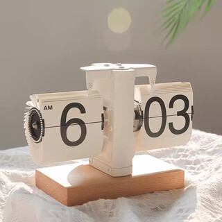 Creative automatic page-turning clock, retro living room ornaments, table clock, modern simple mechanical clock, pendulum clock, home decoration desk clock, beech all white model with free battery