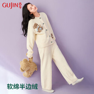 Ancient and modern (gujin) cartoon bear half-velvet pajamas for women autumn and winter home clothes pajamas warm large size cardigan can be worn outside the suit