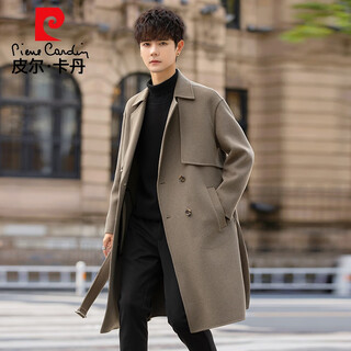 皮尔卡丹冬季新款双面羊毛大衣男士中长款韩版羊毛呢外套加厚过膝呢子风衣 灰绿色 M 170