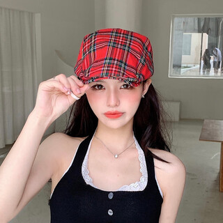 Lin zhongxun red beret summer women's plaid hat 2024 new thin british retro progressive hat red one size (55-58cm)