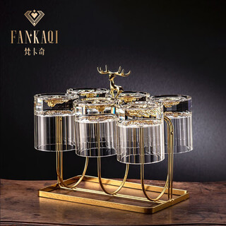 Vankage creative crystal glass wine glass set whiskey and brandy glass 6 gold-painted wine glasses + golden deer head cup holder