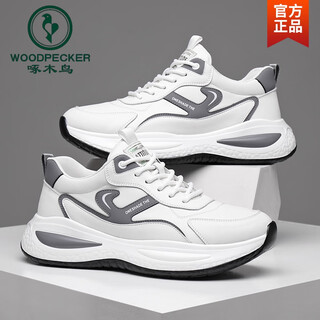 Woodpecker men's shoes genuine leather top layer cowhide 2025 new versatile sports and casual shoes white shoes men's thick sole travel dad shoes white 42 (standard leather shoe size)