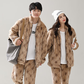 Tessgus coral velvet pajamas men's winter plus velvet thickened suit casual large size couple pajamas flannel women's home clothes khaki - men's l