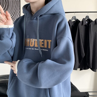 Junyin sweatshirt men's autumn and winter clothes hong kong style student loose hooded print couple spring and autumn jacket plus velvet men's clothing haze blue hamu xl