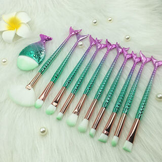 Wohou 10-piece mermaid makeup brush set rainbow-colored bifurcated fishtail soft-bristled eye shadow brush beauty set 1 piece mermaid 10-piece nude brush