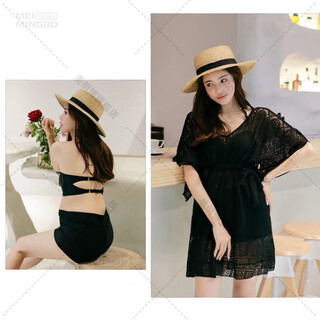 He jiangong swimsuit maternity swimsuit plus plus size fat mm boxer split bikini cover-up three-piece set to cover belly 200jin jin equals 0.5kg, black m size (90-100jin jin equals 0.5kg)