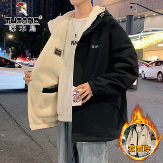 Woodpecker reversible sherpa jacket for men 2025 autumn and winter plus velvet thickened cotton coat men's jacket top loose cotton coat 05 black reversible xl about 135-150jin jin equals 0.5kg can be worn