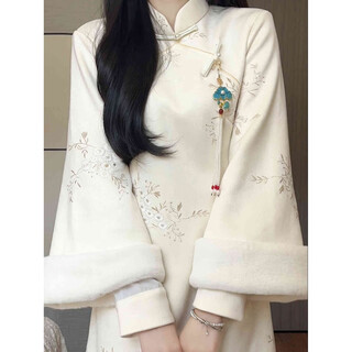 Jialong mingxiu 2025 new winter style off-white embroidered plus velvet warm improved cheongsam inverted large sleeves retro style daily dress xueying s