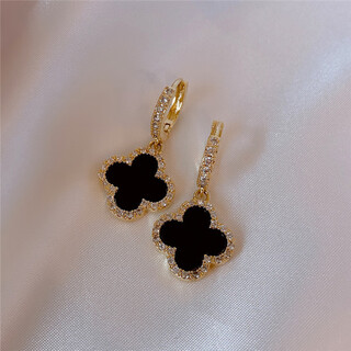 Luruo 18k gold colored gold four-leaf clover earrings 2024 new light luxury high-end temperament earrings and earrings 18k gold black onyx four-leaf clover earrings