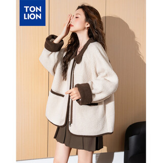 Tonlion 2024 women's lapel spliced women's imitation sherpa short jacket light apricot s