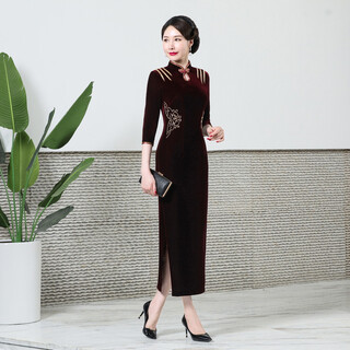 Hongyun embroidered cheongsam long autumn style new style retro chinese style improved slim fit grandma xi's wedding banquet outfit fashionable gold velvet cheongsam burgundy slim shoulder and waist beaded long style xl
