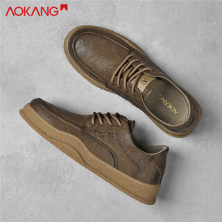 Aokang casual leather shoes for men 2025 autumn and winter new british business casual shoes retro low-top sneakers versatile high-end men's shoes khaki 41 standard sports shoe size