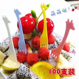 Zhenglizheng disposable fruit fork plastic cute deer shape creative household fashion snack fork cake fork four colors mixed pack 100 pieces (individually packed)