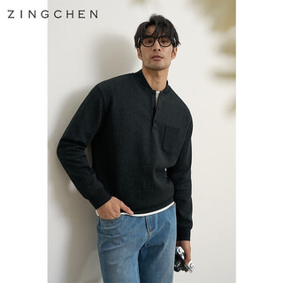 Zingchen heavy batik technology zingchen men's henley collar pocket profile sweatshirt baseball collar pullover black 2xl