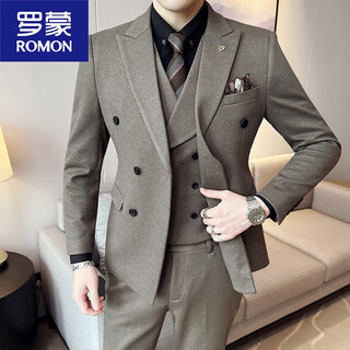 Romon woolen suit men's suit double-breasted autumn and winter thickened warm jacket handsome wedding banquet dress men's trendy khaki suit vest vest black lining m 100110jin jin equals 0.5 kg