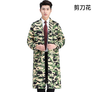 Guiren xiong plus velvet thickened smock, warm coat, men's and women's work clothes, waterproof and oil-proof camouflage long coat, kitchen long-sleeved labor insurance suit, regular without hood, scissor flower, medium size (120-170)