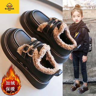 G.duck girls' small leather shoes winter shoes cotton leather shoes 2024 winter new children's beanie shoes girls princess large cotton shoes black. velcro size 37 inner length 23.2cm