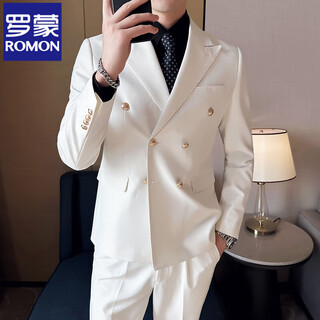 Romon suit men's double-breasted host dress lapel collar business casual suit three-piece wedding dress x890 white single-piece suit xl