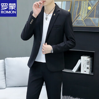Romon korean style casual spring and autumn suit men's slim business formal suit groom handsome british casual small suit men black (three-piece suit - top + pants + t-shirt) l 105-120jin jin equals 0.5 kg