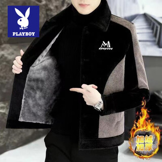 Playboy's popular autumn and winter men's jacket sherpa cardigan jacket for men spring loose warm trendy brand versatile handsome men black autumn and winter l 105-120jin jin equals 0.5 kg